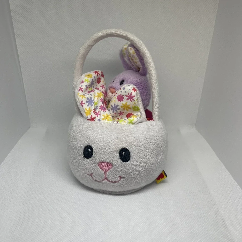 Rare Build A Bear Plush Bunny Rabbit Easter Basket 6 in Tall White Floral Ears